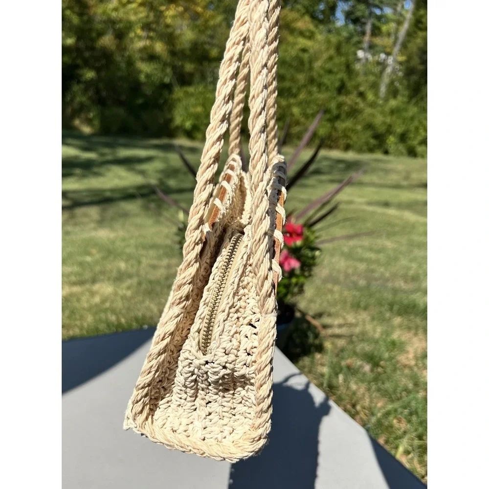 Vintage 60s Walborg Straw Rope Bag Shoulder‎ Bag Wooden Base Boho Cottagecore